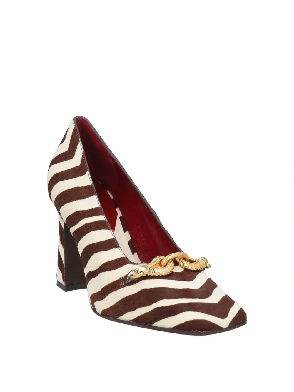 Tory Burch brown and ivory calf hair zebra print pumps with gold chain link